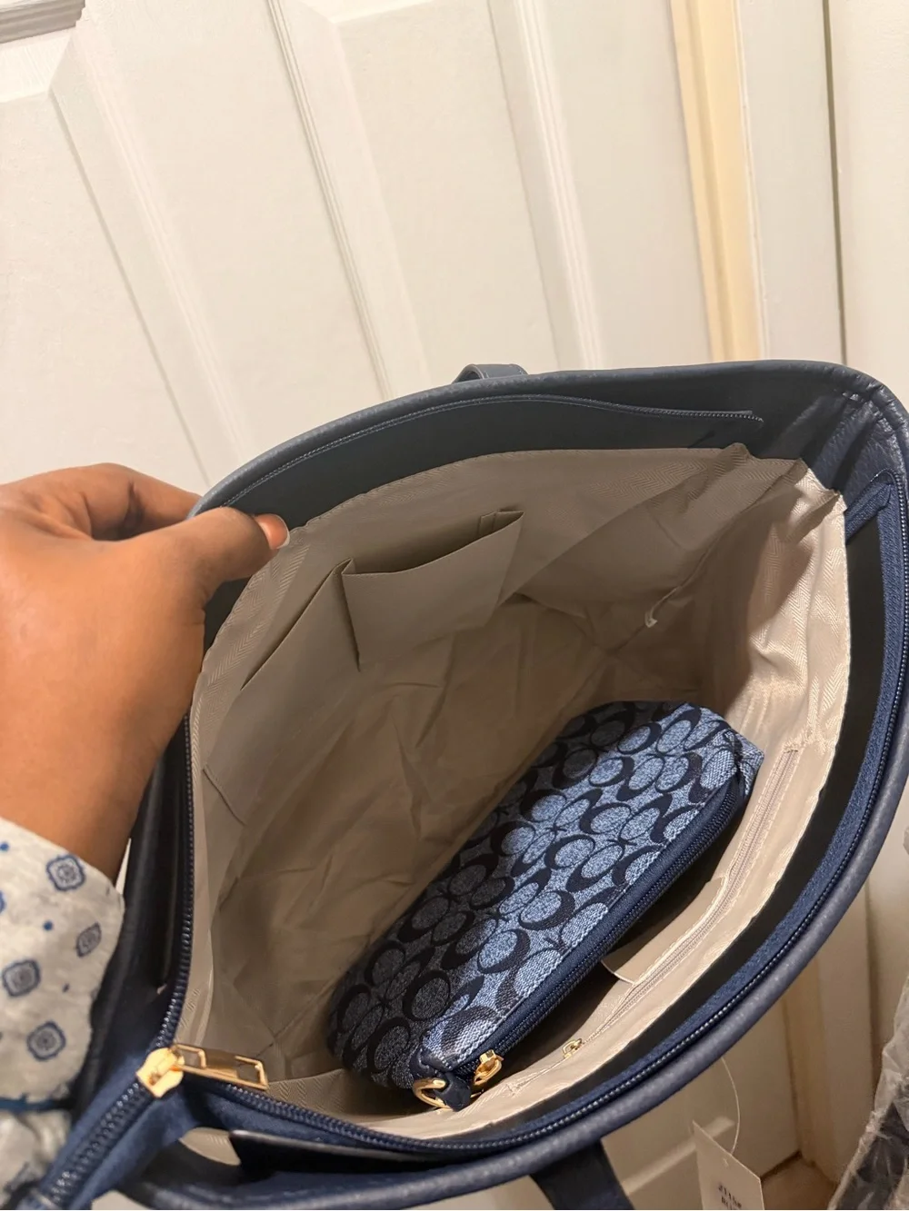 C Blue and Gray Signature Tote with Gold Hardware